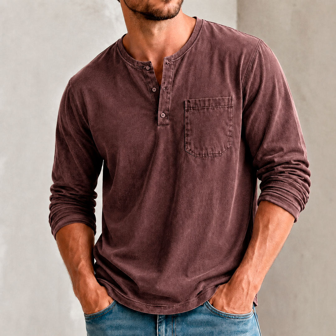 Men's Vintage-Washed Bamboo Cotton Long Sleeve Henley