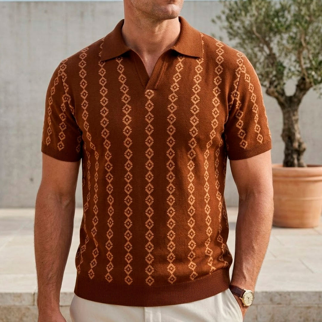 Men's Knitted Cotton Geometric Pattern Polo Shirt