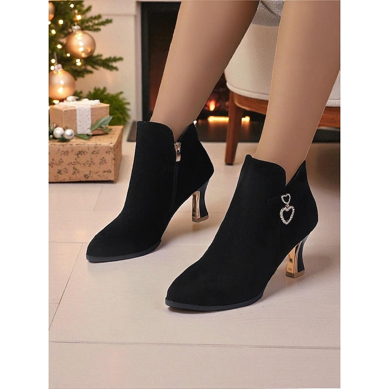 Women's Rhinestone Heart Kitten Heel Booties