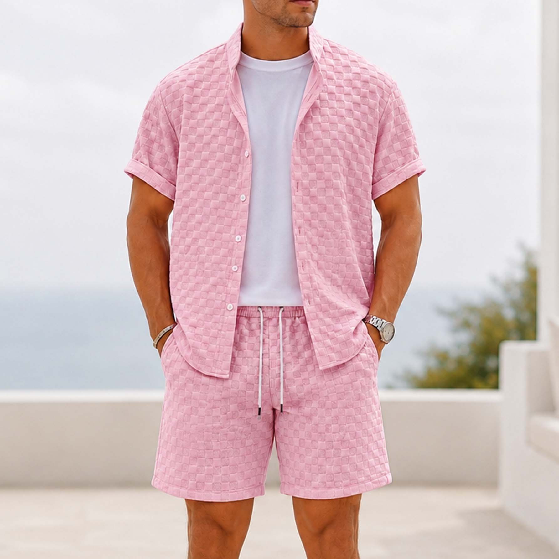 Men's Waffle Fabric Short Sleeve Shirt and Shorts Set
