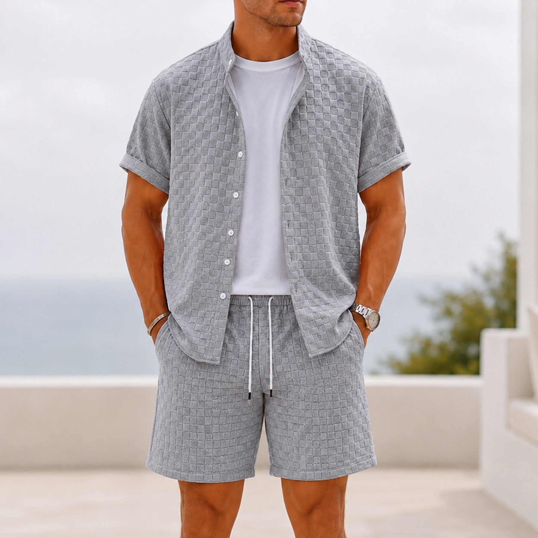 Men's Waffle Fabric Short Sleeve Shirt and Shorts Set