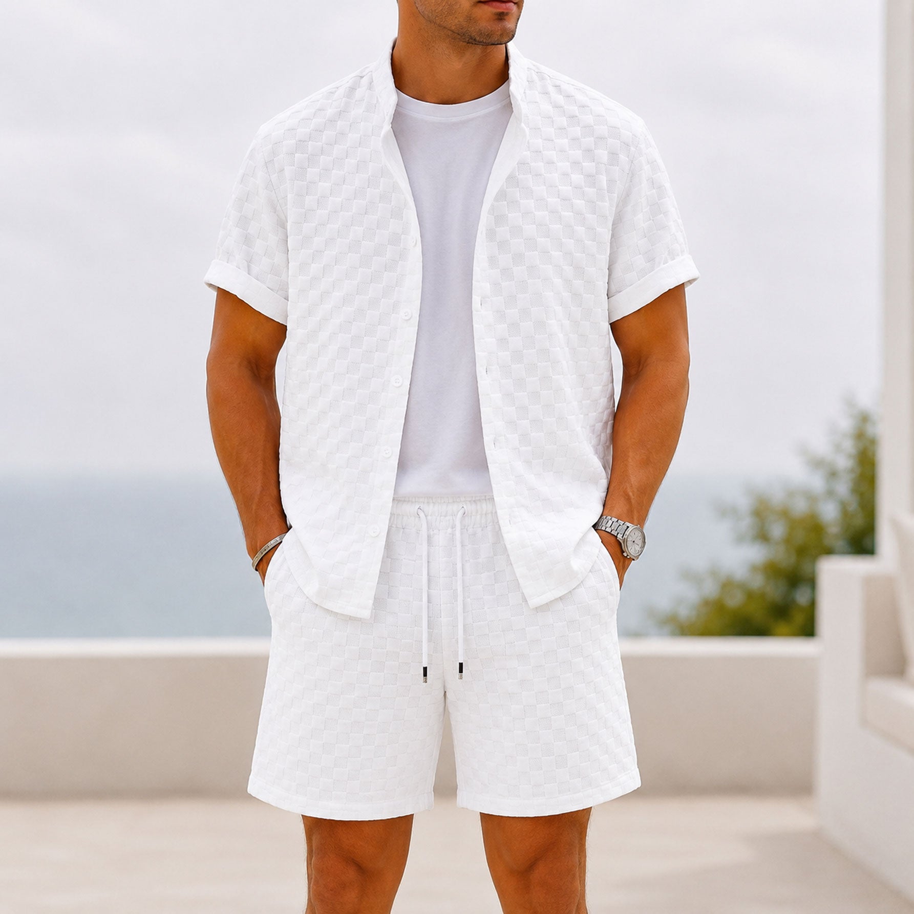 Men's Waffle Fabric Short Sleeve Shirt and Shorts Set