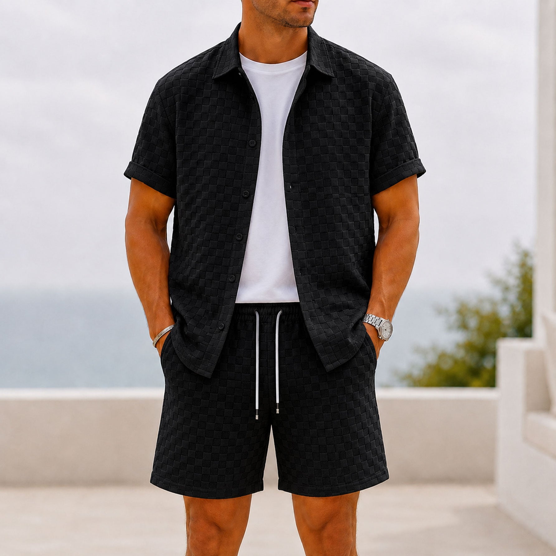 Men's Waffle Fabric Short Sleeve Shirt and Shorts Set