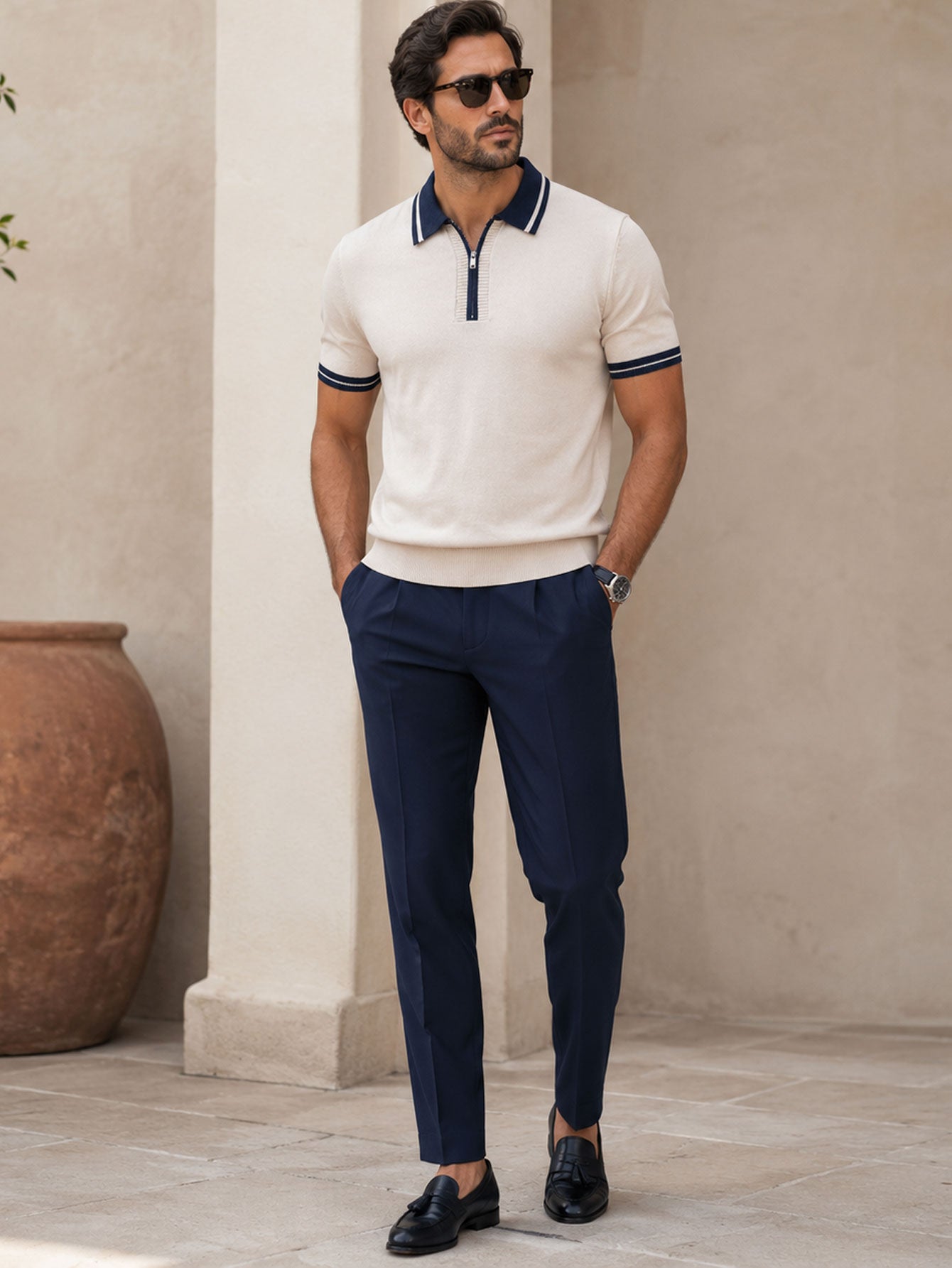 Men's Contrast Trim Knit Polo and Tapered Trousers Set