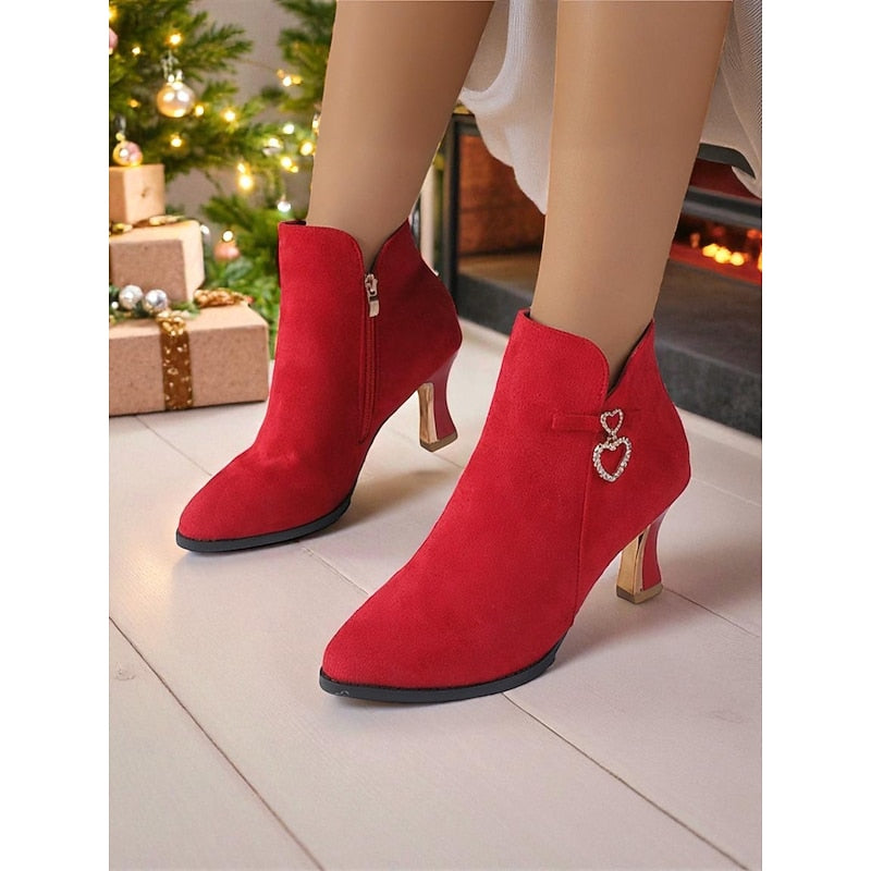Women's Rhinestone Heart Kitten Heel Booties